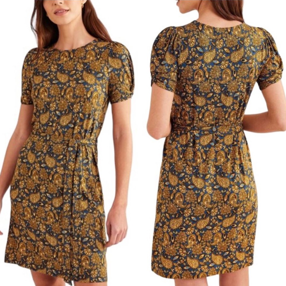 Boden Knot‎ Detail Jersey Dress Harvest Gold Paisley Terrace Size 8L 8 Long NEW